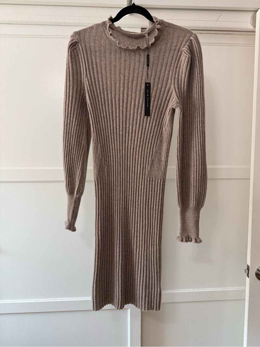 Tahari Taupe Ribbed Long-Sleeve Ruffle-Neck Dress